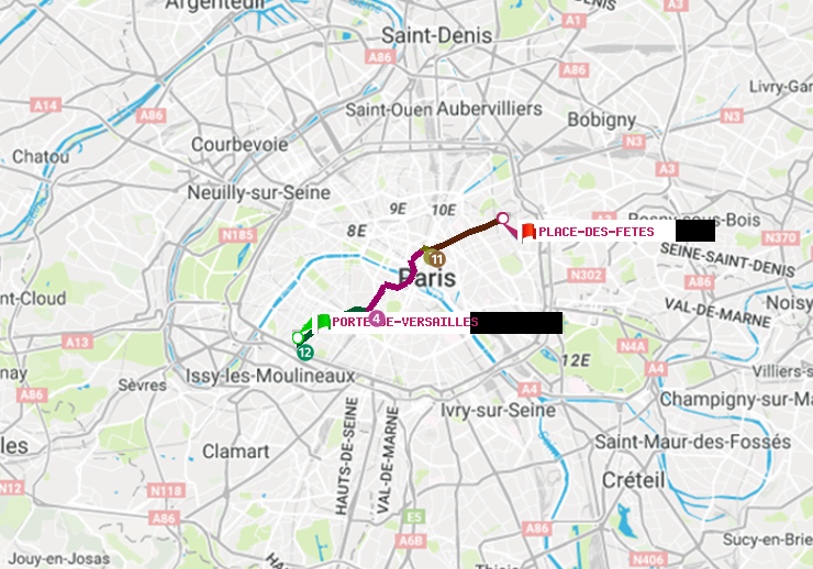 plan itinéraire ratp de Porte de Versailles à Place des Fêtes
