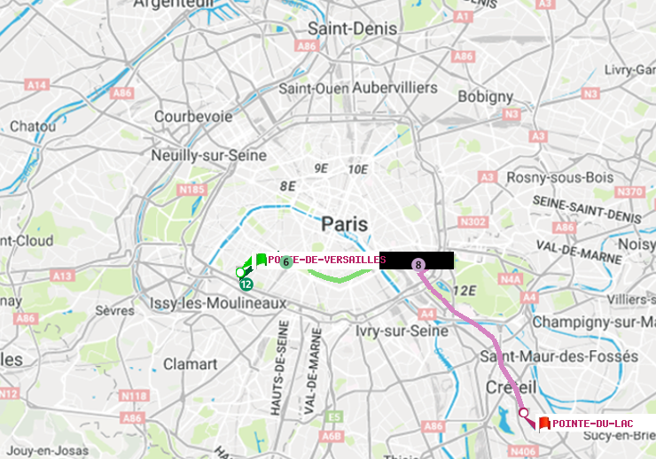 plan itinéraire ratp de Porte de Versailles à Pointe du Lac