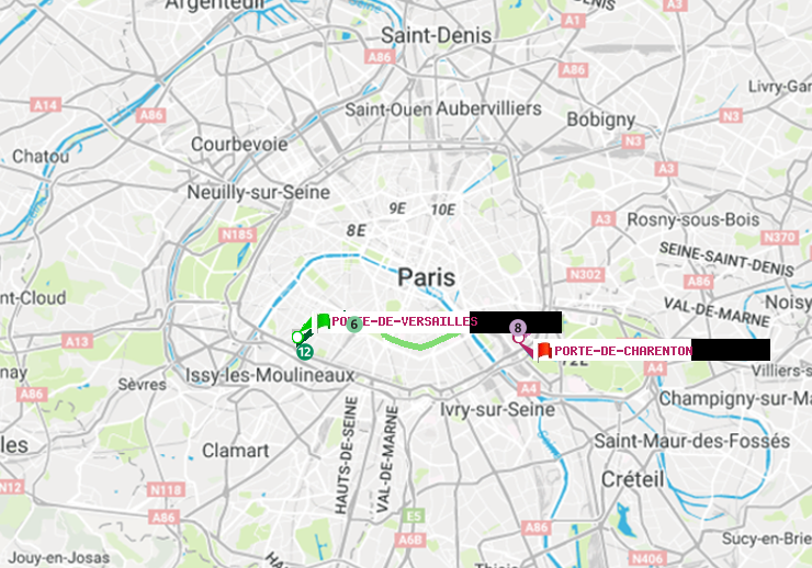 plan itinéraire ratp de Porte de Versailles à Porte de Charenton