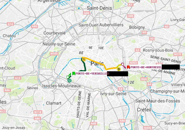 plan itinéraire ratp de Porte de Versailles à Porte de Montreuil