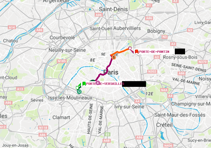 plan itinéraire ratp de Porte de Versailles à Porte de Pantin