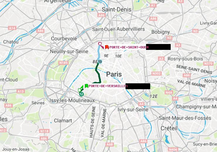 plan itinéraire ratp de Porte de Versailles à Porte de Saint-Ouen