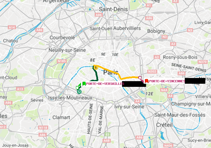 plan itinéraire ratp de Porte de Versailles à Porte de Vincennes