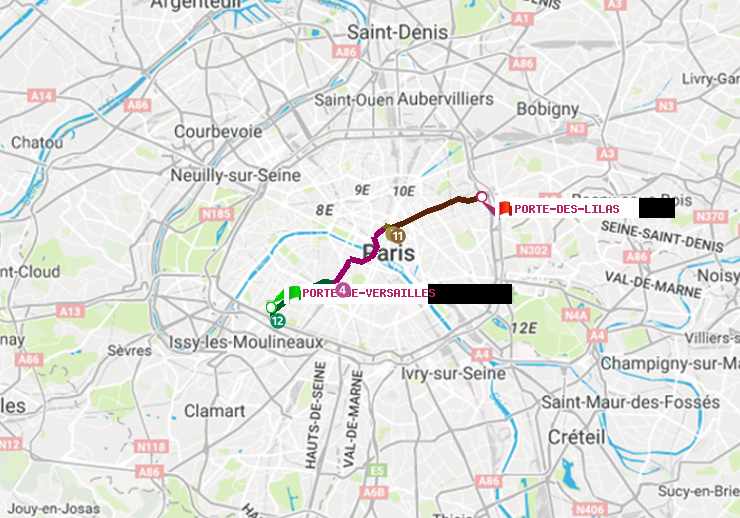 plan itinéraire ratp de Porte de Versailles à Porte des Lilas
