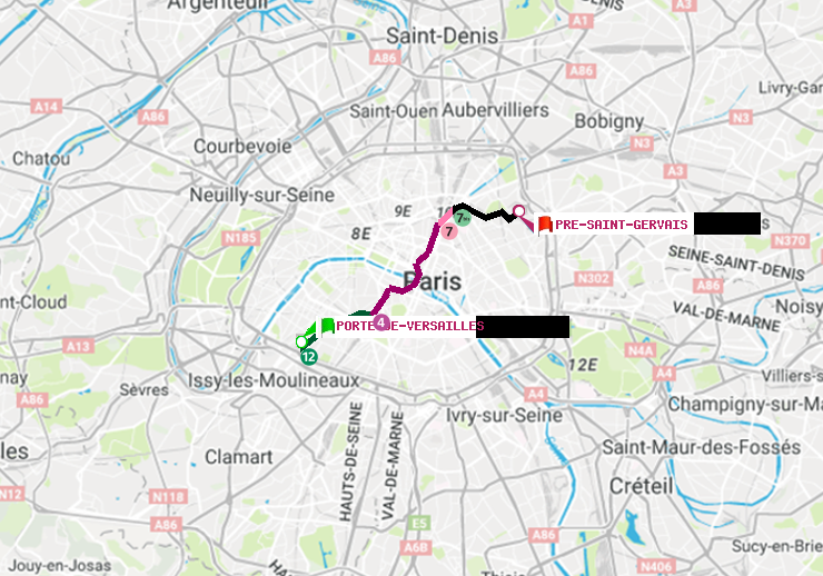 plan itinéraire ratp de Porte de Versailles à Pré-Saint-Gervais