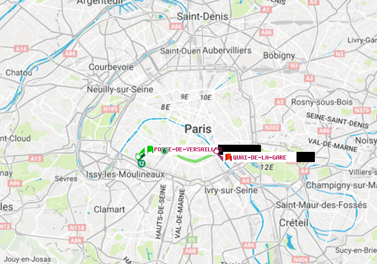 plan itinéraire ratp de Porte de Versailles à Quai de la Gare
