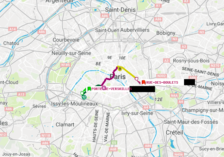 plan itinéraire ratp de Porte de Versailles à Rue des Boulets
