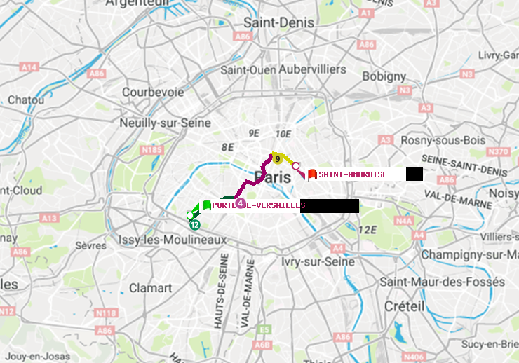 plan itinéraire ratp de Porte de Versailles à Saint-Ambroise