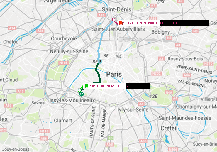 plan itinéraire ratp de Porte de Versailles à Saint-Denis-Porte de Paris