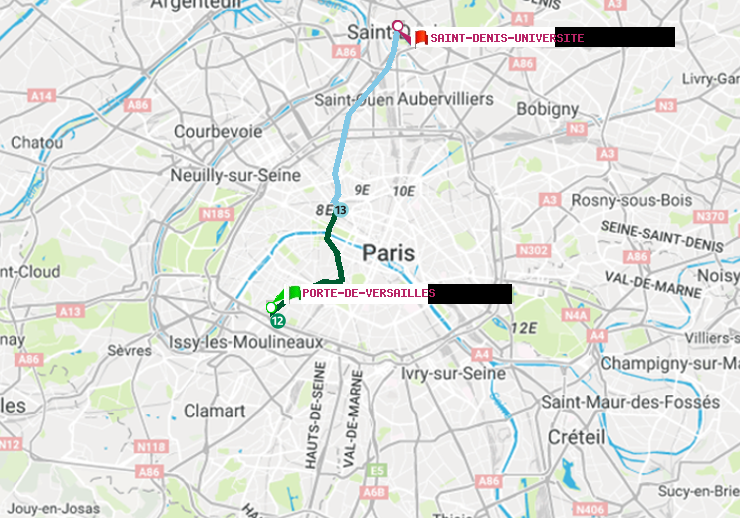 plan itinéraire ratp de Porte de Versailles à Saint-Denis-Universite