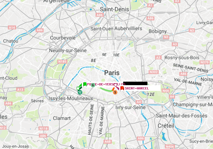 plan itinéraire ratp de Porte de Versailles à Saint-Marcel
