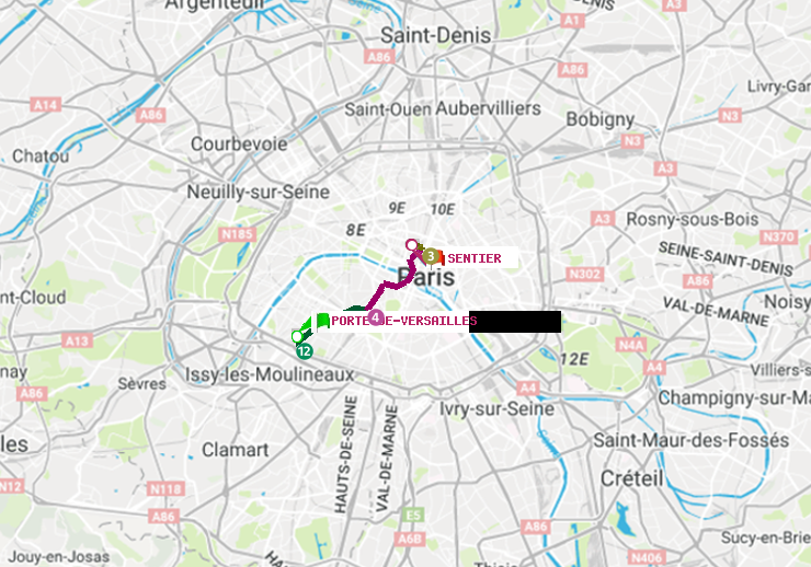 plan itinéraire ratp de Porte de Versailles à Sentier