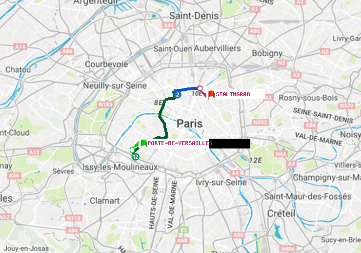 plan itinéraire ratp de Porte de Versailles à Stalingrad