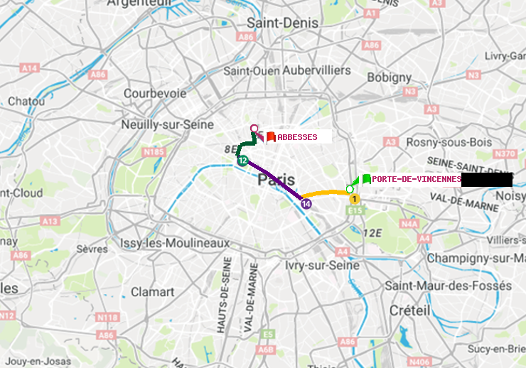 plan itinéraire ratp de Porte de Vincennes à Abbesses