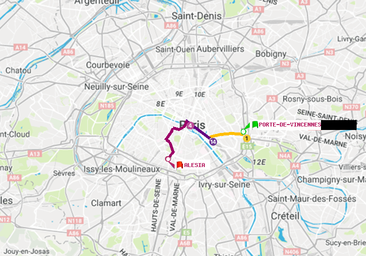 plan itinéraire ratp de Porte de Vincennes à Alésia