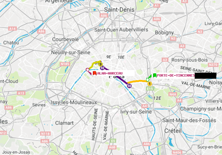plan itinéraire ratp de Porte de Vincennes à Alma-Marceau