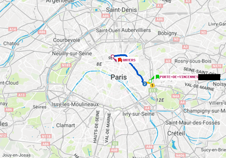 plan itinéraire ratp de Porte de Vincennes à Anvers
