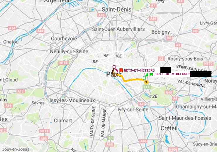 plan itinéraire ratp de Porte de Vincennes à Arts-et-Métiers
