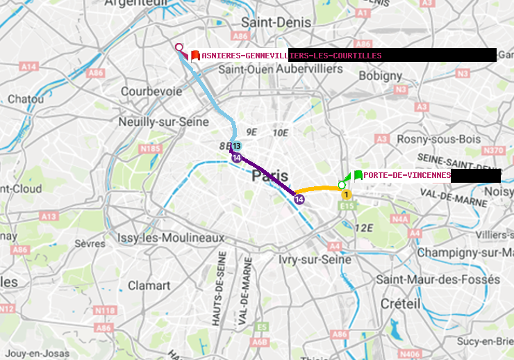 plan itinéraire ratp de Porte de Vincennes à Asnieres-Gennevilliers Les Courtilles