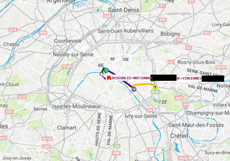 plan itinéraire ratp de Porte de Vincennes à Assemblée Nationale