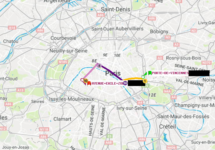 plan itinéraire ratp de Porte de Vincennes à Avenue Emile-Zola