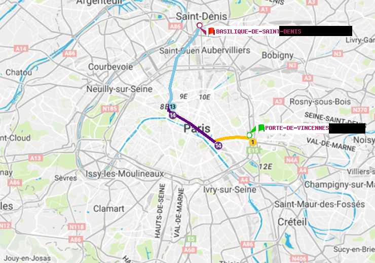 plan itinéraire ratp de Porte de Vincennes à Basilique de Saint-Denis