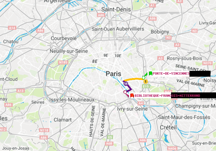 plan itinéraire ratp de Porte de Vincennes à Bibliotheque-Francois Mitterrand