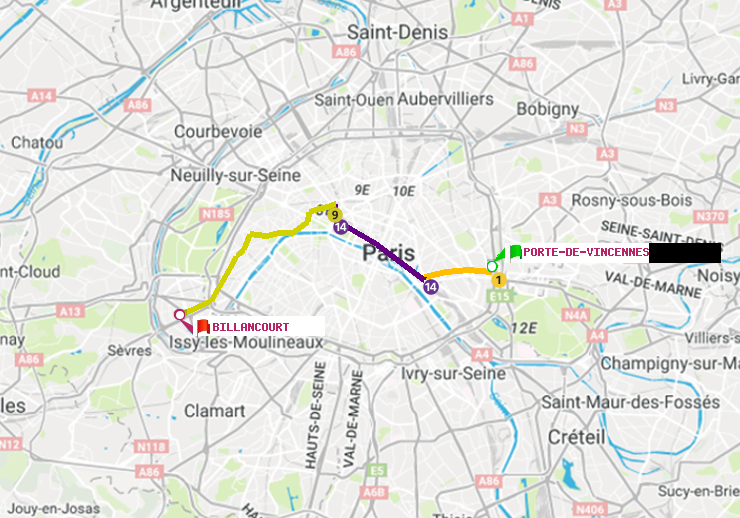 plan itinéraire ratp de Porte de Vincennes à Billancourt