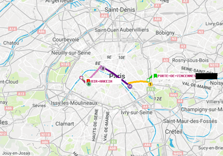 plan itinéraire ratp de Porte de Vincennes à Bir-Hakeim (Grenelle)