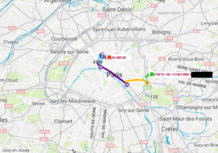 plan itinéraire ratp de Porte de Vincennes à Blanche