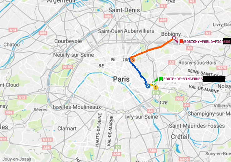 plan itinéraire ratp de Porte de Vincennes à Bobigny-Pablo-Picasso