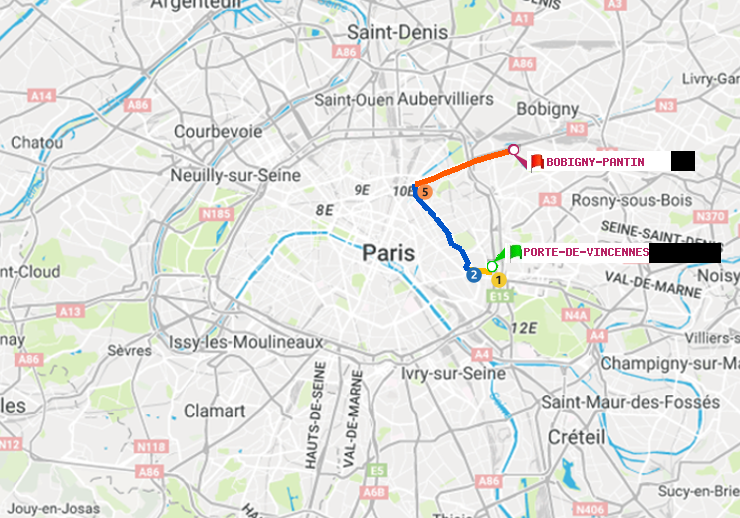 plan itinéraire ratp de Porte de Vincennes à Bobigny-Pantin (Raymond Queneau)