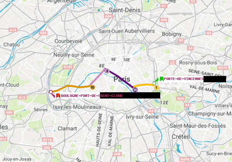 plan itinéraire ratp de Porte de Vincennes à Boulogne Pont de Saint-Cloud