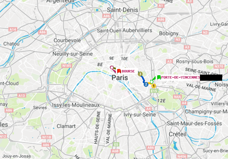 plan itinéraire ratp de Porte de Vincennes à Bourse