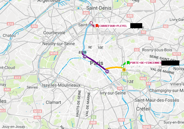 plan itinéraire ratp de Porte de Vincennes à Carrefour-Pleyel