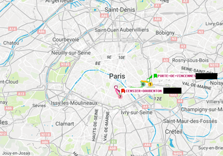 plan itinéraire ratp de Porte de Vincennes à Censier-Daubenton