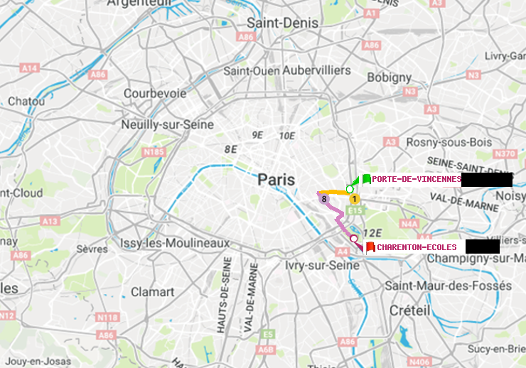 plan itinéraire ratp de Porte de Vincennes à Charenton-Ecoles