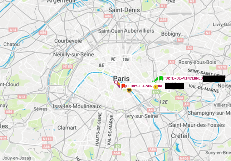 plan itinéraire ratp de Porte de Vincennes à Cluny-La Sorbonne