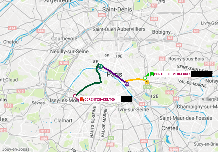 plan itinéraire ratp de Porte de Vincennes à Corentin-Celton