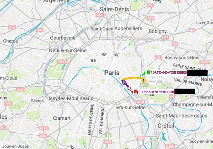 plan itinéraire ratp de Porte de Vincennes à Cour Saint-Emilion