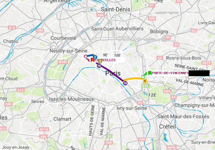 plan itinéraire ratp de Porte de Vincennes à Courcelles