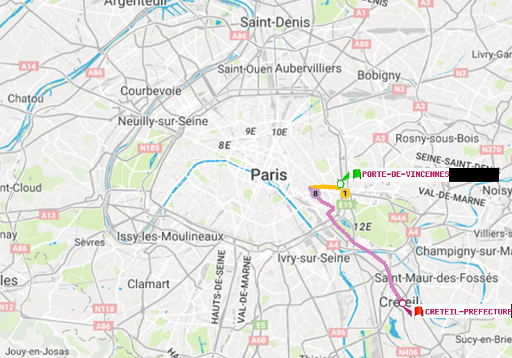 plan itinéraire ratp de Porte de Vincennes à Créteil-Préfecture (Hôtel de Ville)