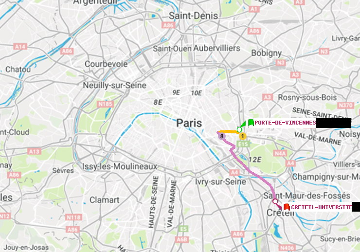 plan itinéraire ratp de Porte de Vincennes à Créteil-Université