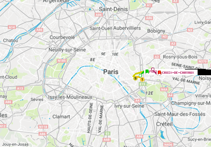plan itinéraire ratp de Porte de Vincennes à Croix-de-Chavaux (Jacques Duclos)