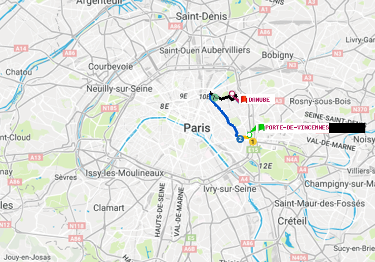 plan itinéraire ratp de Porte de Vincennes à Danube