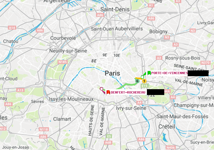 plan itinéraire ratp de Porte de Vincennes à Denfert-Rochereau