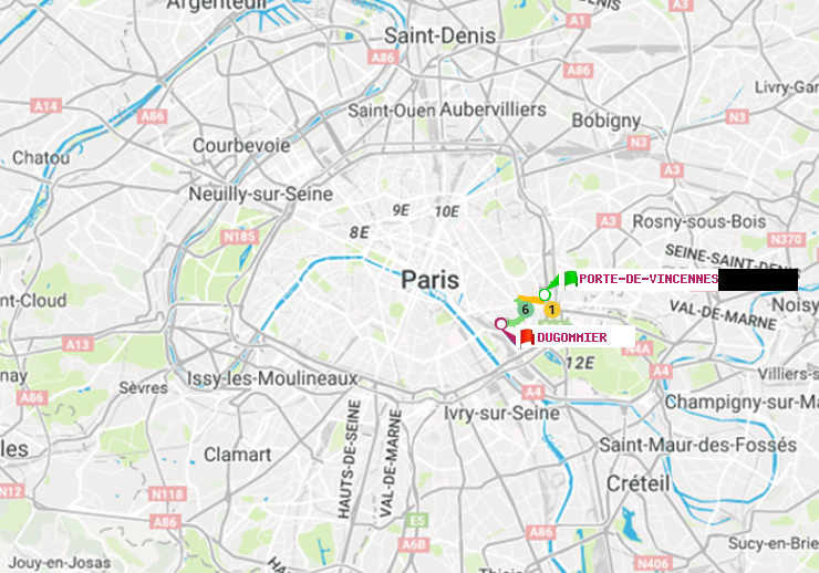 plan itinéraire ratp de Porte de Vincennes à Dugommier