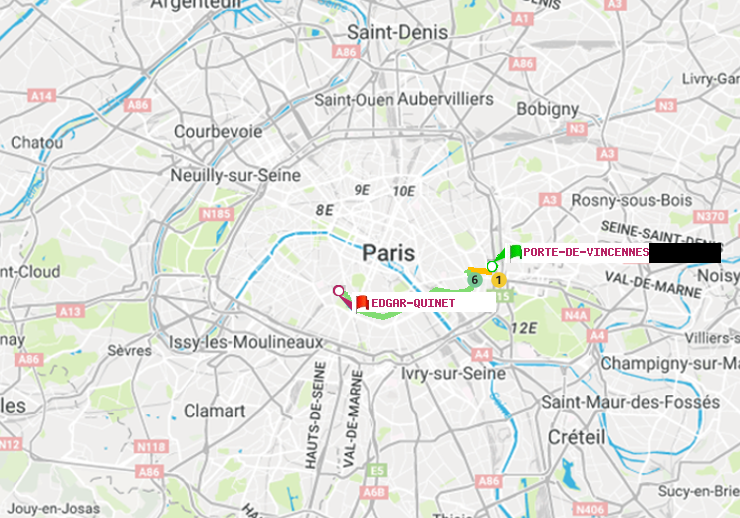 plan itinéraire ratp de Porte de Vincennes à Edgar-Quinet