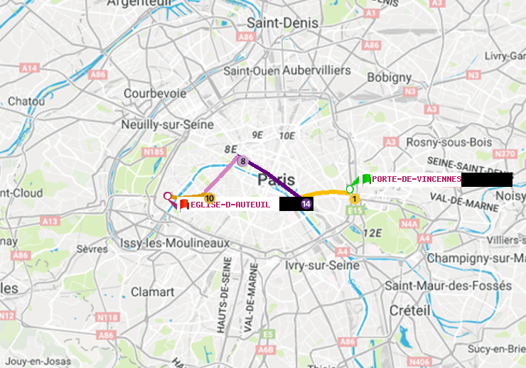 plan itinéraire ratp de Porte de Vincennes à Eglise d