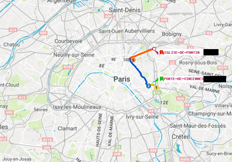 plan itinéraire ratp de Porte de Vincennes à Eglise de Pantin